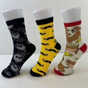 Mens Crew Socks Set 3 Panda Mustache Hot Dog Daschund Print Black Yellow Brown